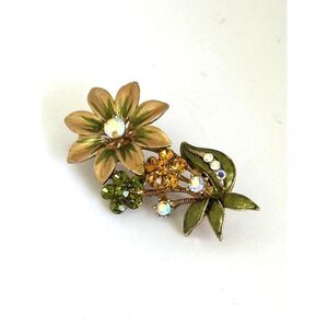 Green and Gold enamel flower brooch with rhinestone accents